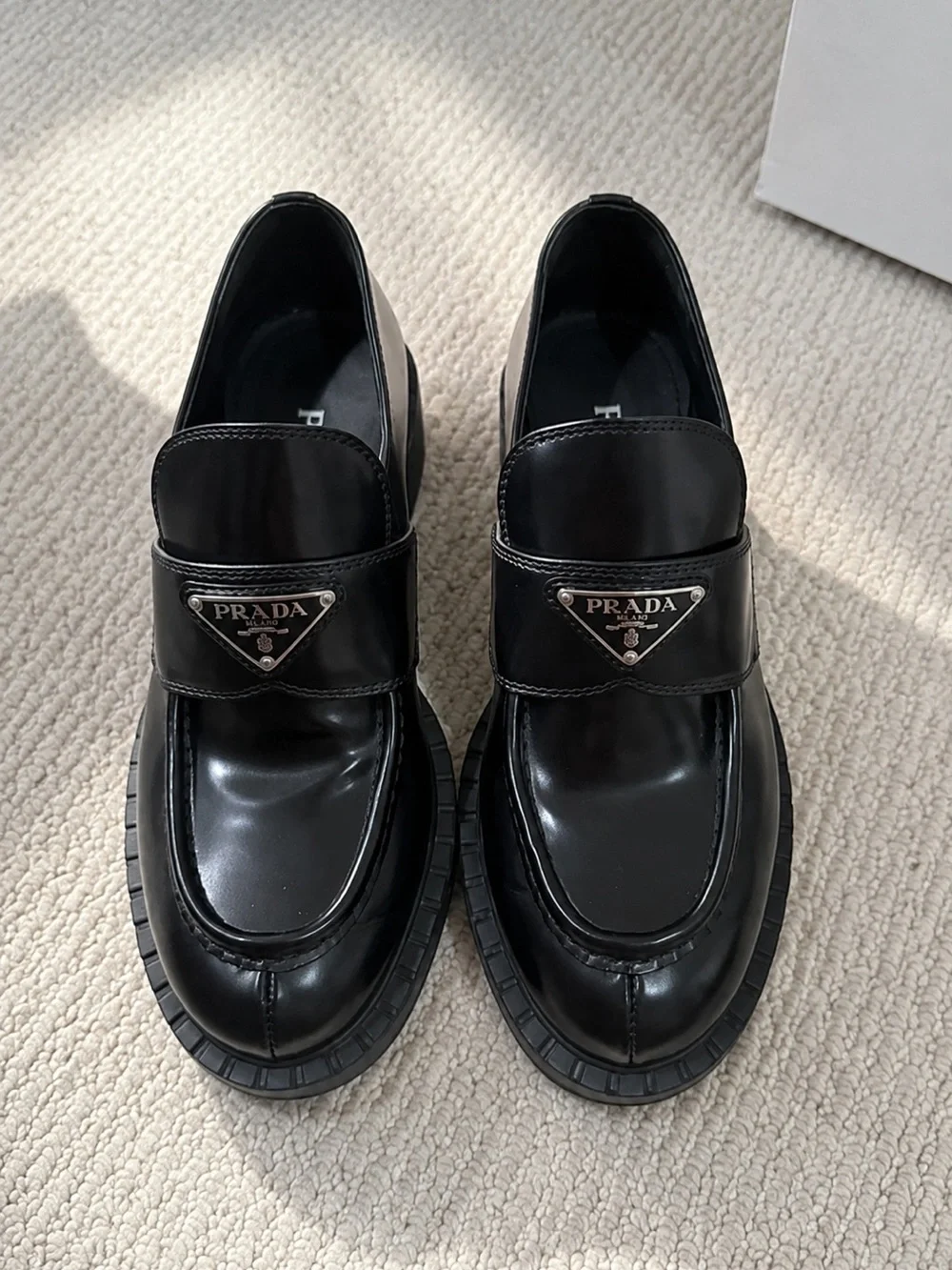 Prada Black Patent Leather Logo Strap Loafers